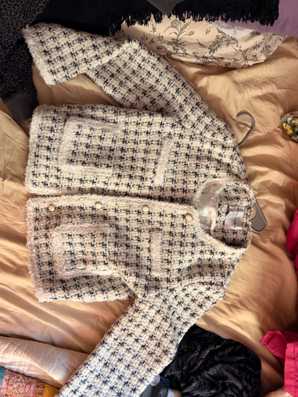 Petite Studio Cream & Black Tweed Button-Up Jacket